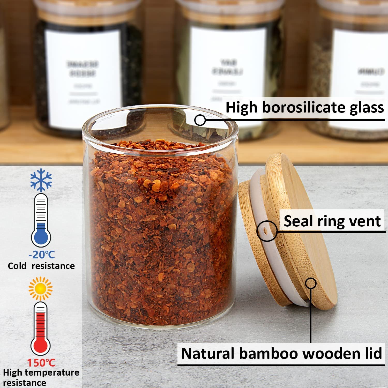 Borosilicate Glass Spice Jars with Bamboo Lids, Airtight Glass jar, ood Storage Containers