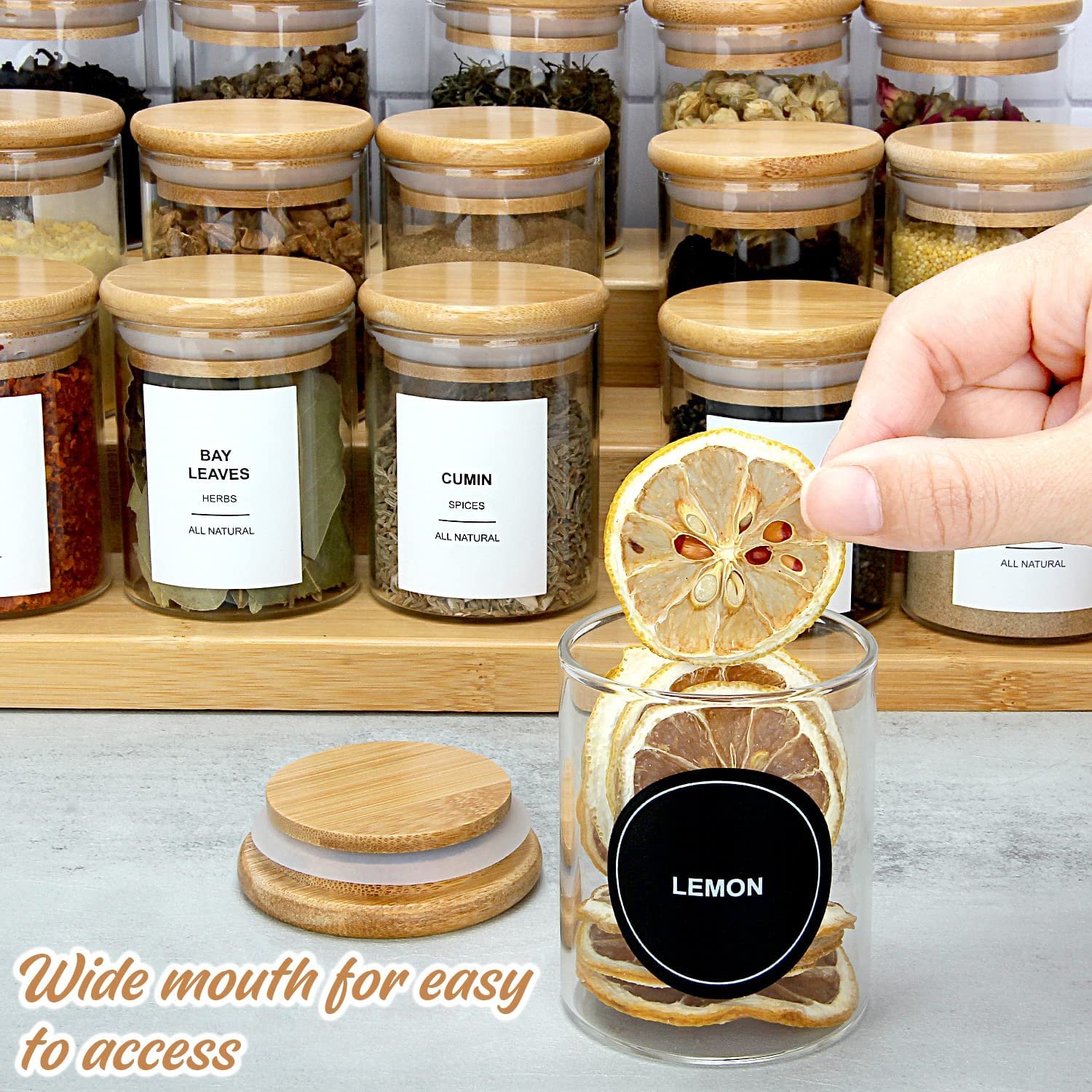 Borosilicate Glass Spice Jars with Bamboo Lids, Airtight Glass jar, ood Storage Containers