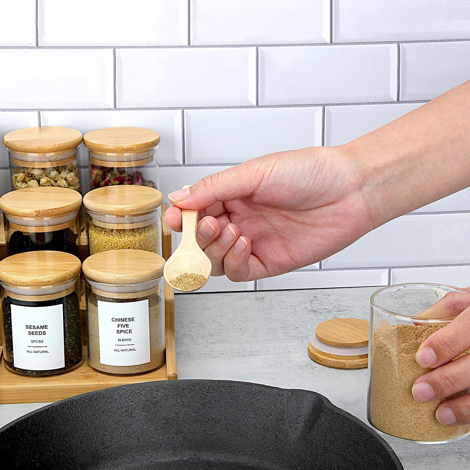 Borosilicate Glass Spice Jars with Bamboo Lids, Airtight Glass jar, ood Storage Containers