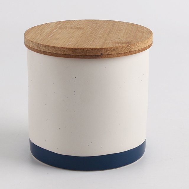 cylinder shape Sealed Pots Food Storage Ceramic stoneware tea coffee sugar canister with wooden lid