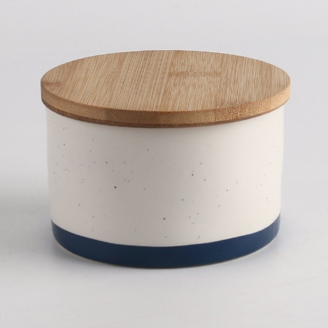 cylinder shape Sealed Pots Food Storage Ceramic stoneware tea coffee sugar canister with wooden lid