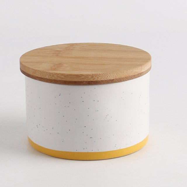 cylinder shape Sealed Pots Food Storage Ceramic stoneware tea coffee sugar canister with wooden lid