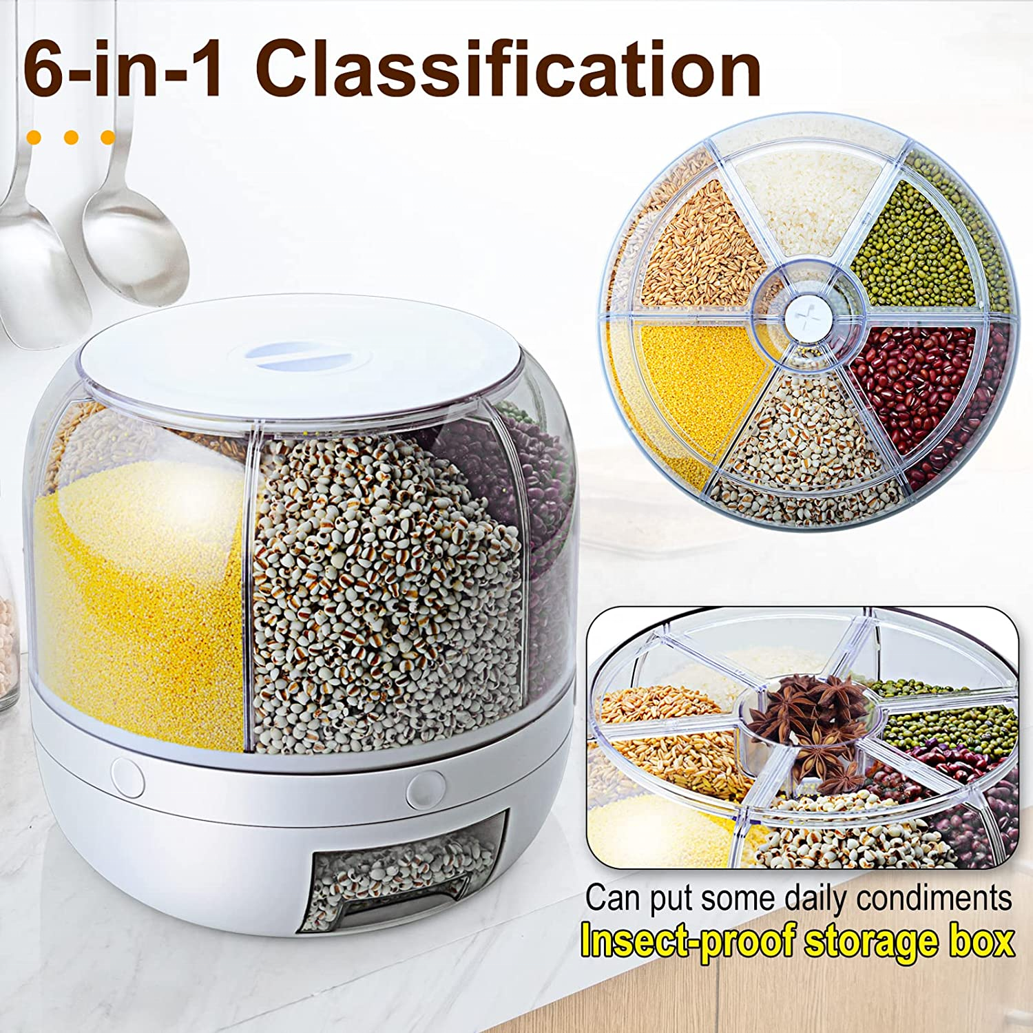 Home Storage & Organization 6-Grid Rotating Food Grain Rice Container Dispenser