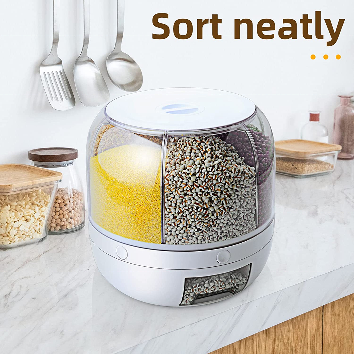 Home Storage & Organization 6-Grid Rotating Food Grain Rice Container Dispenser