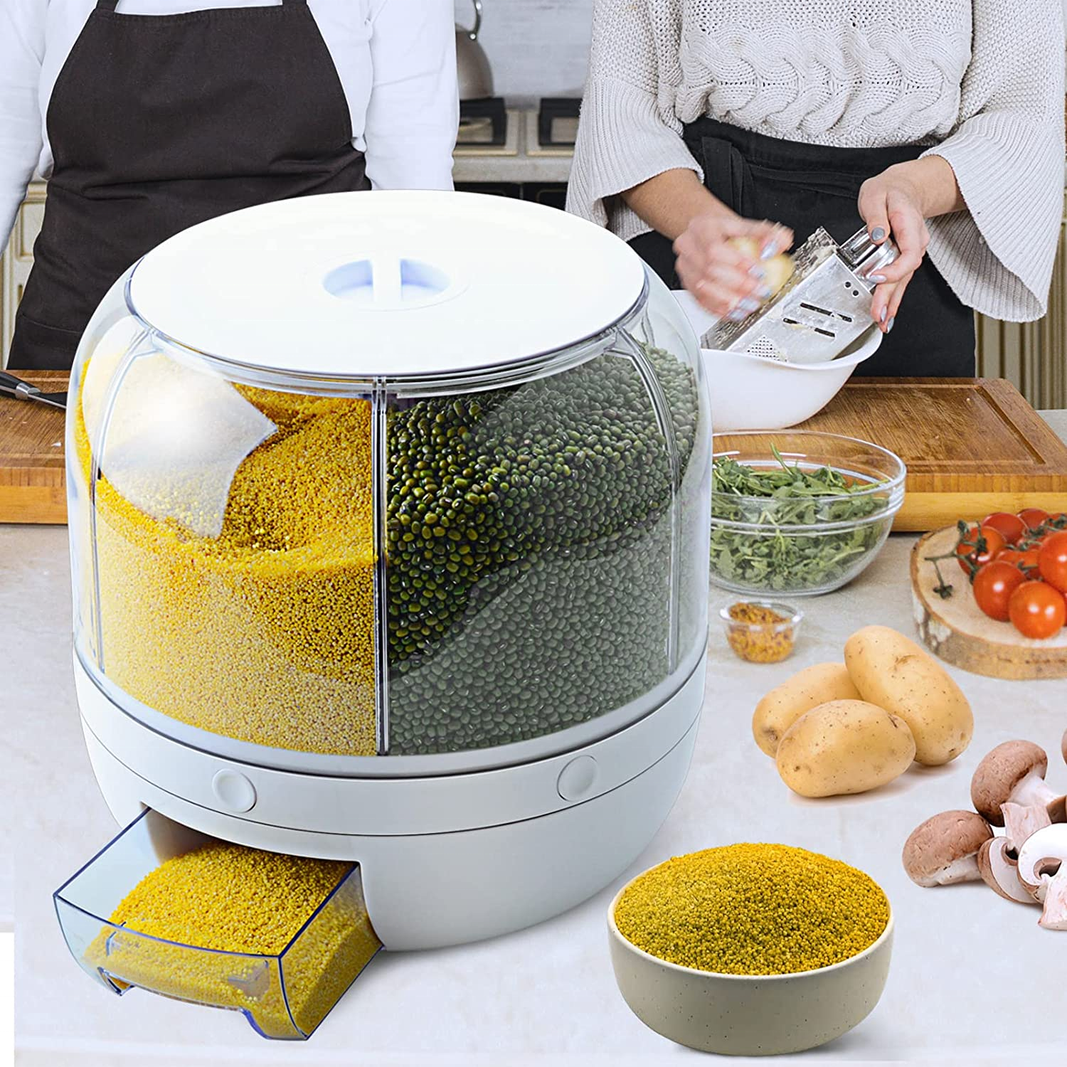 Home Storage & Organization 6-Grid Rotating Food Grain Rice Container Dispenser
