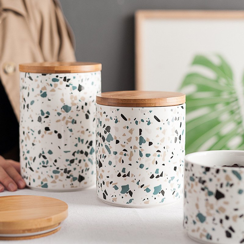 Terrazzo sealed large capacity kitchen food storage jars ceramic tea sugar coffee canisters with wooden lid