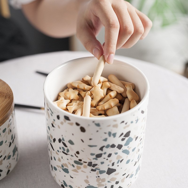 Terrazzo sealed large capacity kitchen food storage jars ceramic tea sugar coffee canisters with wooden lid