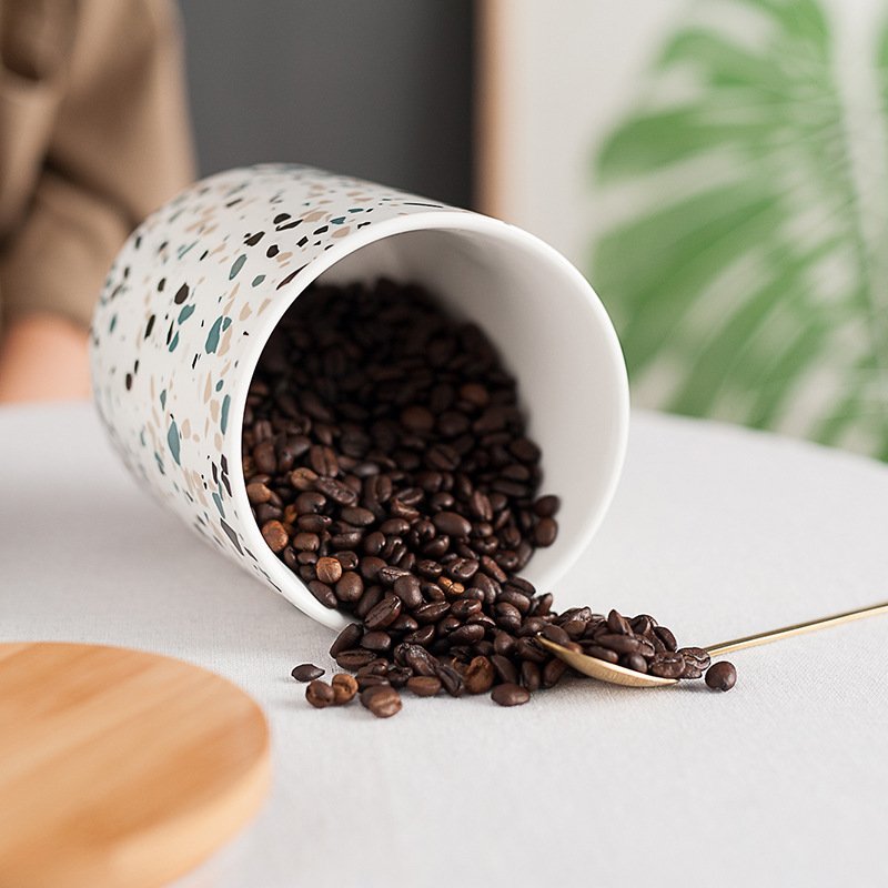 Terrazzo sealed large capacity kitchen food storage jars ceramic tea sugar coffee canisters with wooden lid