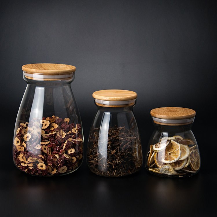 New Arrival Home Use Glass Kitchen Canisters Bamboo Lids Clear Glass Food Storage Jar
