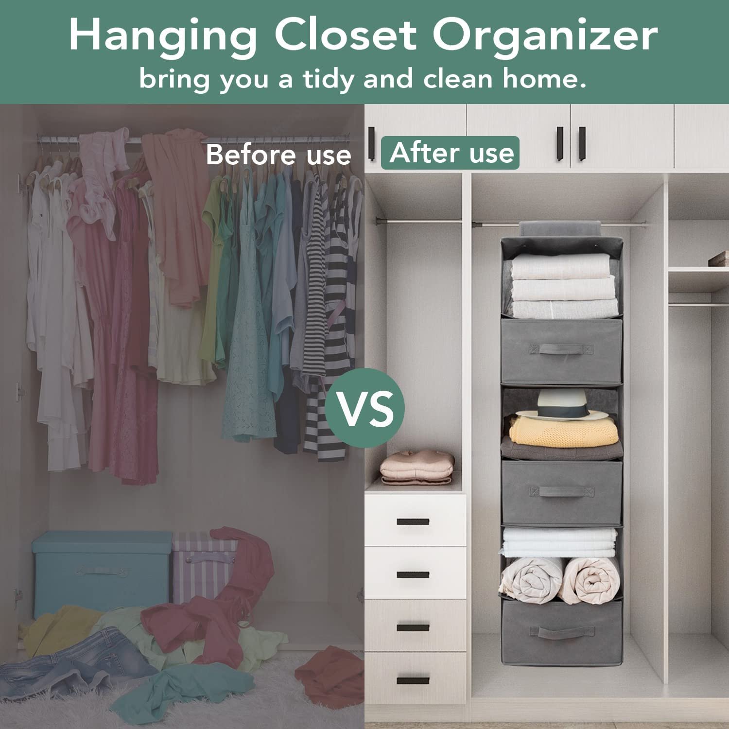 Hanging Closet Organizer with 2 Drawers and 1 Underwear Drawer Foldable Closet Hanging Shelves Hanging Clothes Storage Box PE