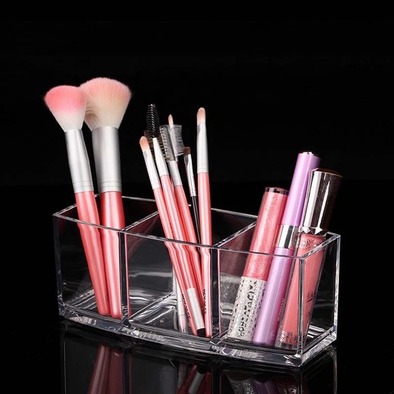 Three-Grid Eyebrow Makeup Brush Storage Box Pen Holder Office Organizer Transparent PS Cosmetic container