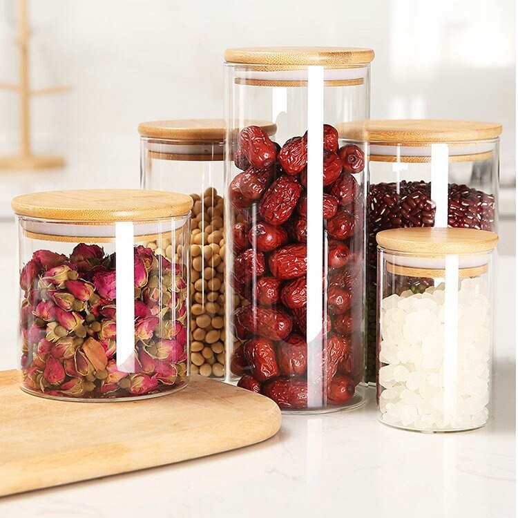 Customized Logo Airtight Food Storage Glass Jars with Bamboo Lids Spice Storage Bottles for Weddings