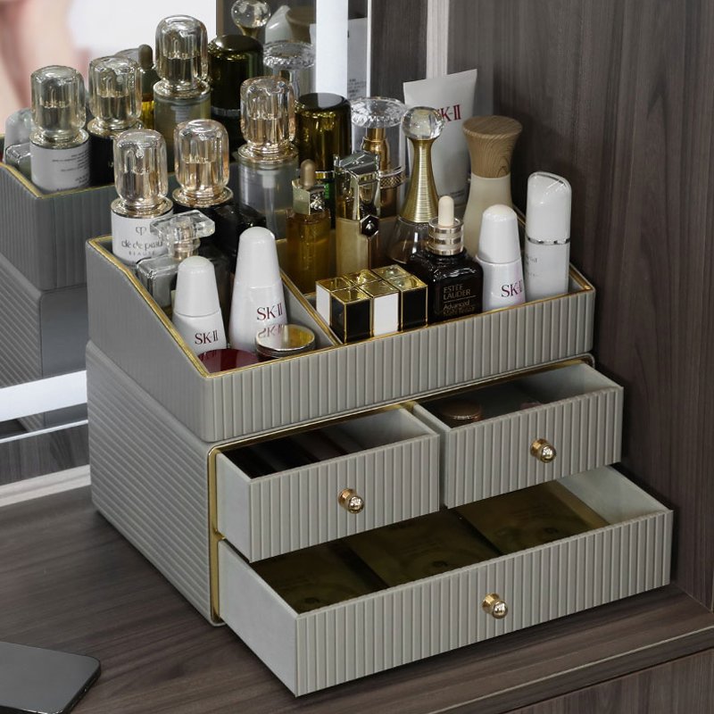 MAVOBO Light Luxury Leather Desktop Exquisite Luxurious Assembly Makeup Cosmetic Storage Box Drawer Organizer