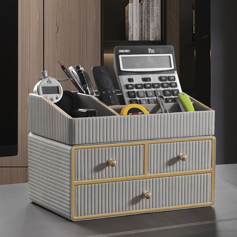 MAVOBO Light Luxury Leather Desktop Exquisite Luxurious Assembly Makeup Cosmetic Storage Box Drawer Organizer