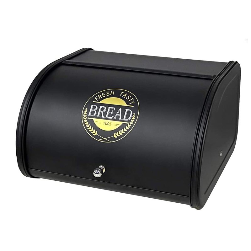 Roll Top Metal Bread Box Black Food Storage Box Stainless Steel Kitchen Bread Box