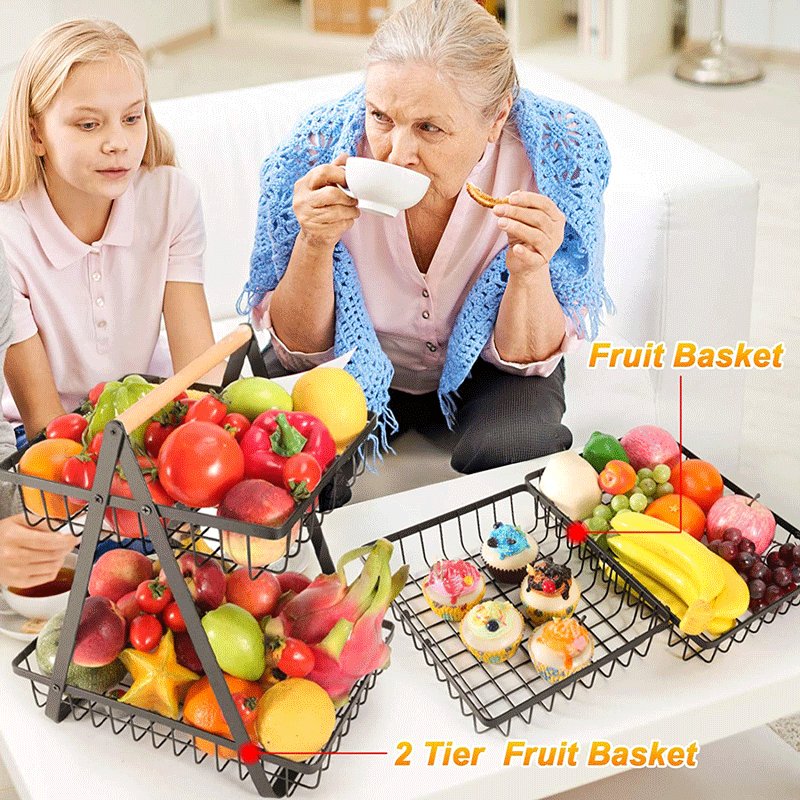 2 tier Multi-purpose wrought iron fruit basket Bread basket with handle