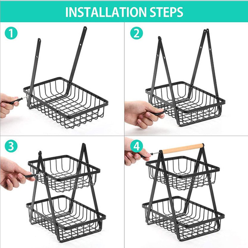 2 tier Multi-purpose wrought iron fruit basket Bread basket with handle