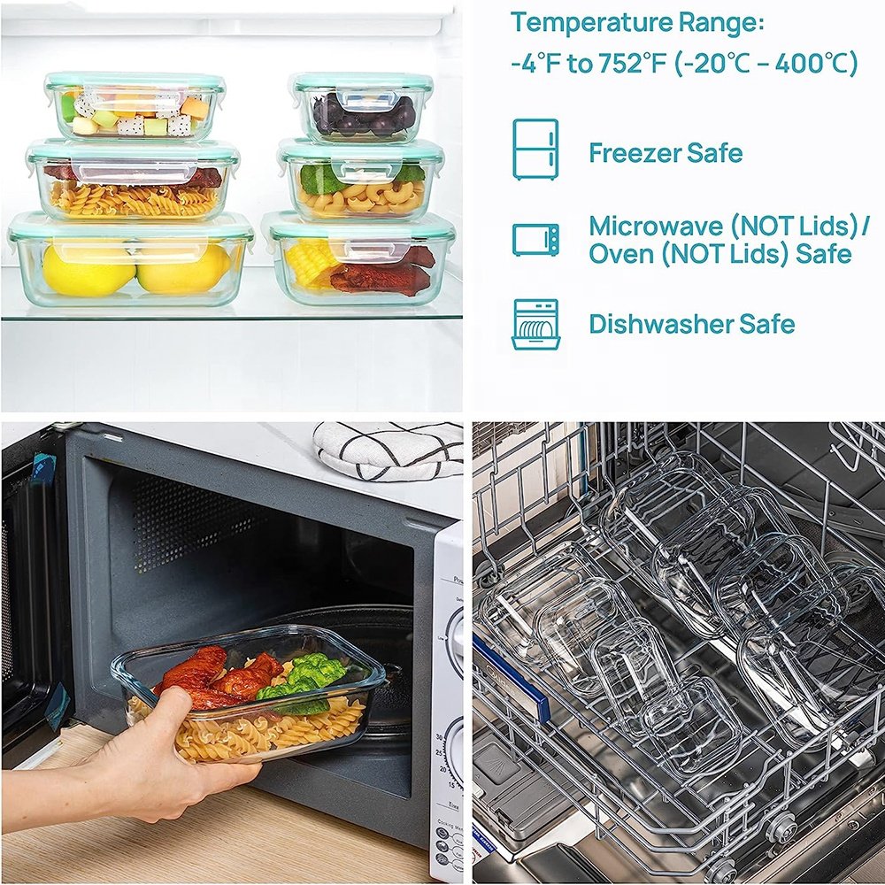 Fridge Glass Meal Prep Food Storage Containers Airtight Glass Bento Snacks Lunch Box with Leak Proof Locking Lids