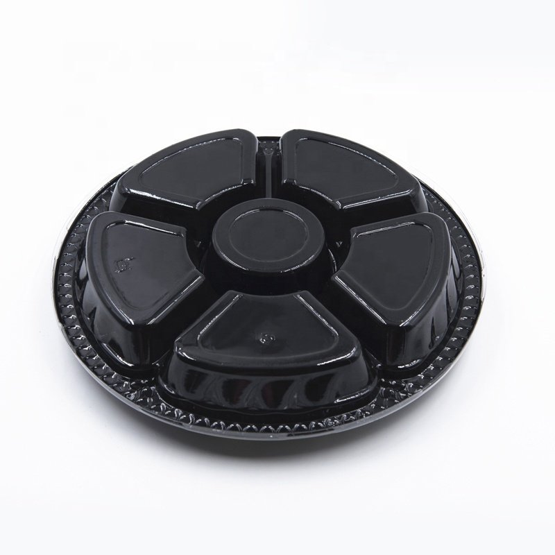 Disposable round plastic 6 compartment fruit food packaging box container