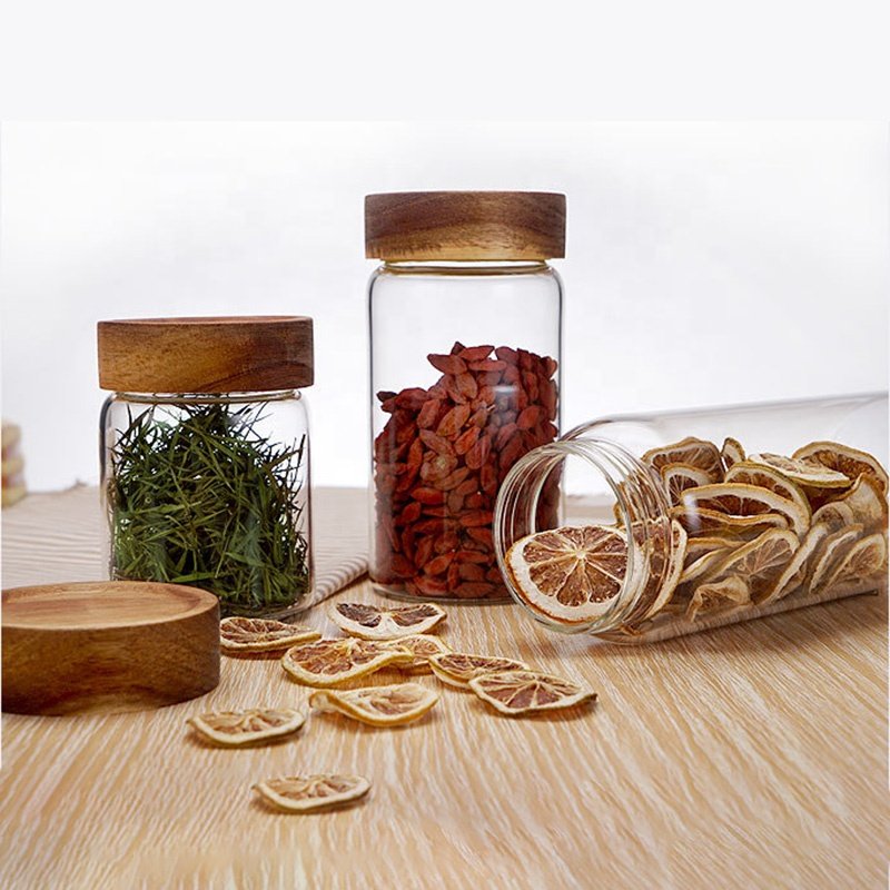 Food Storage Round High Borosilicate Glass Food Airtight Jar With Acacia Wood Lid