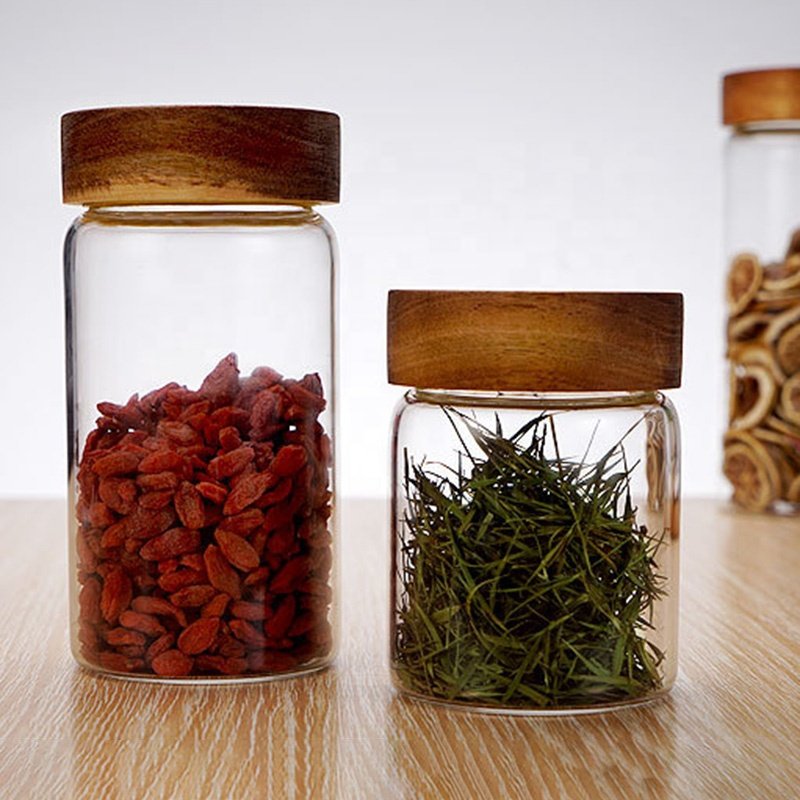 Food Storage Round High Borosilicate Glass Food Airtight Jar With Acacia Wood Lid
