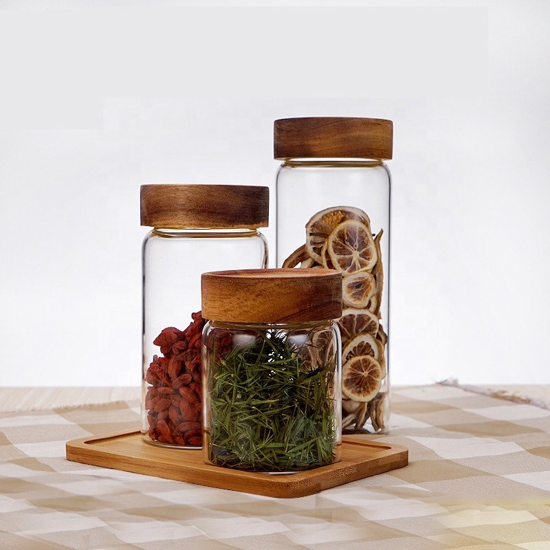 Food Storage Round High Borosilicate Glass Food Airtight Jar With Acacia Wood Lid