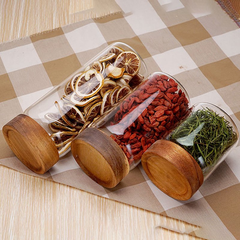 Food Storage Round High Borosilicate Glass Food Airtight Jar With Acacia Wood Lid
