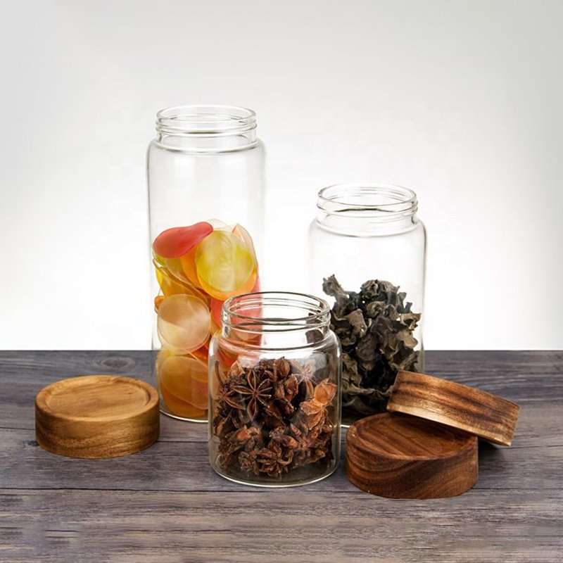 Food Storage Round High Borosilicate Glass Food Airtight Jar With Acacia Wood Lid