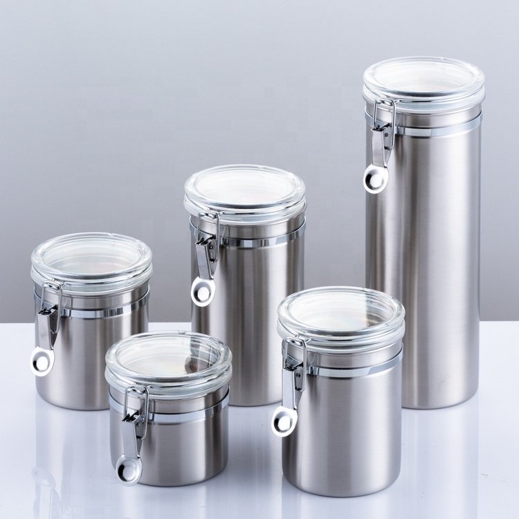 Dia10cm Stainless Steel Airtight Canister Food Storage Container for Kitchen Counter Sugar Coffee Canister with Acrylic Lid