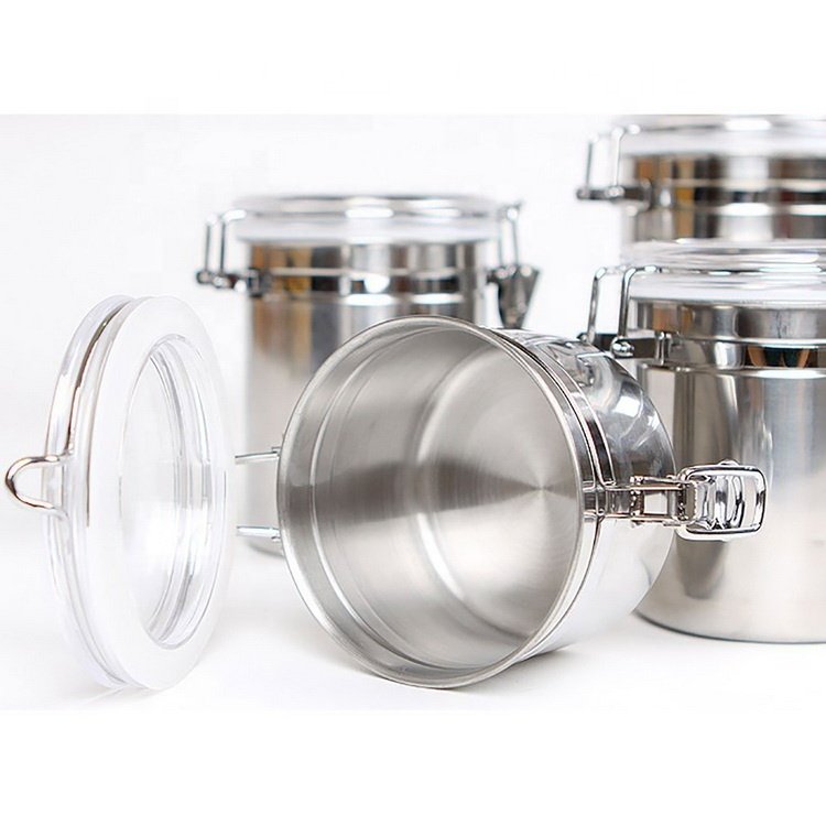 Dia10cm Stainless Steel Airtight Canister Food Storage Container for Kitchen Counter Sugar Coffee Canister with Acrylic Lid