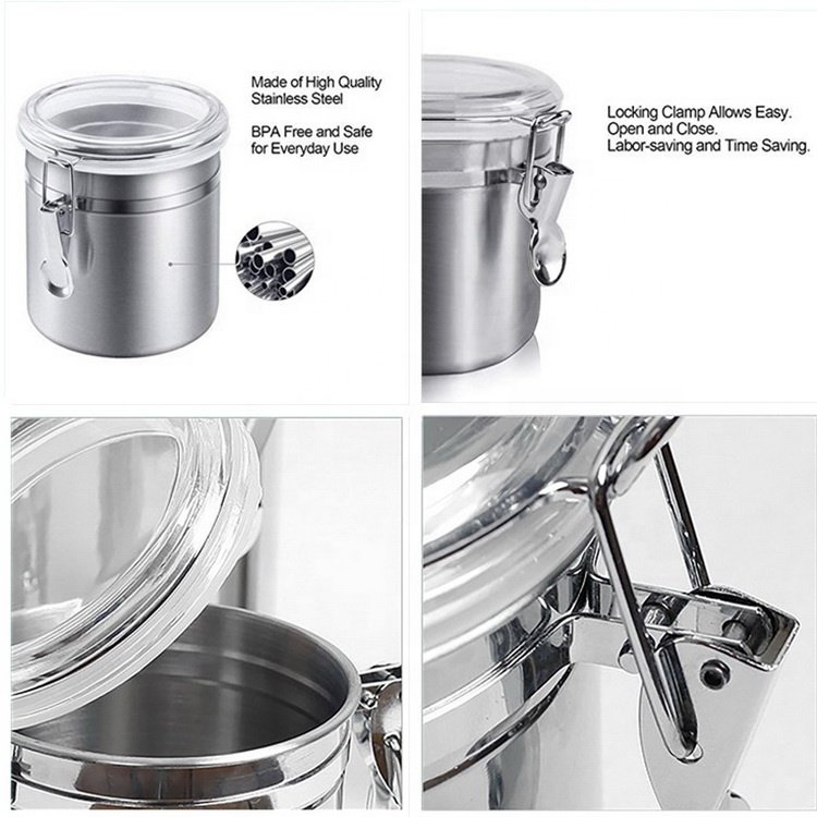 Dia10cm Stainless Steel Airtight Canister Food Storage Container for Kitchen Counter Sugar Coffee Canister with Acrylic Lid