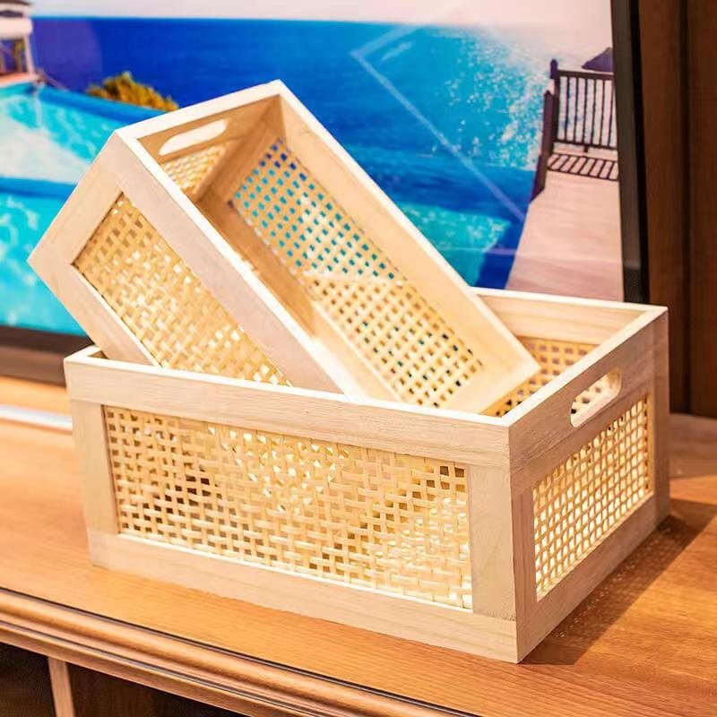 Rattan bamboo frame wooden storage basket Rectangular solid wood right Angle toy sundry storage box