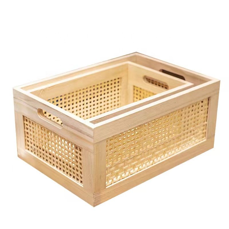 Rattan bamboo frame wooden storage basket Rectangular solid wood right Angle toy sundry storage box