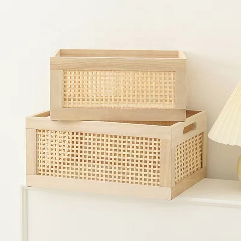 Rattan bamboo frame wooden storage basket Rectangular solid wood right Angle toy sundry storage box