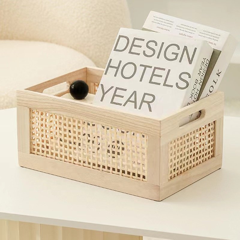 Rattan bamboo frame wooden storage basket Rectangular solid wood right Angle toy sundry storage box
