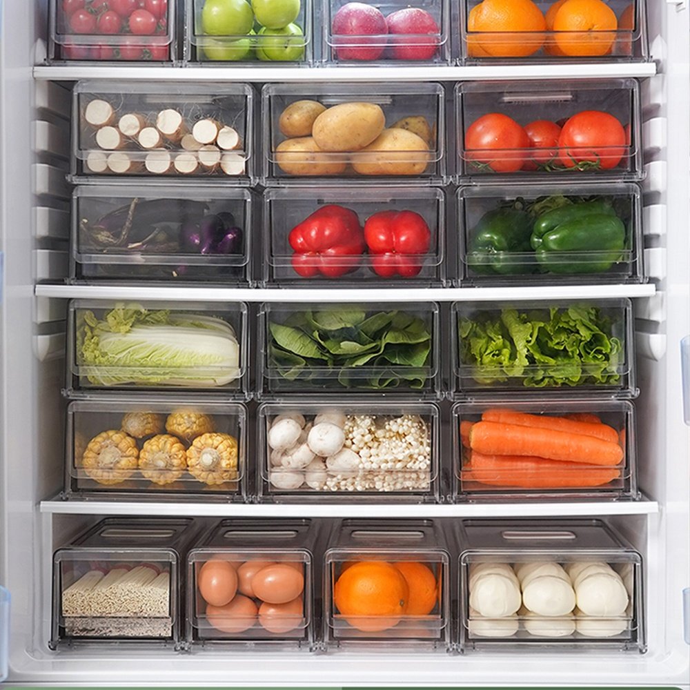 Refrigerator Bins Crisper storage boxes Reusable Food Plastic Fridge Container Stackable Fridge Organizer With Drawers Lid