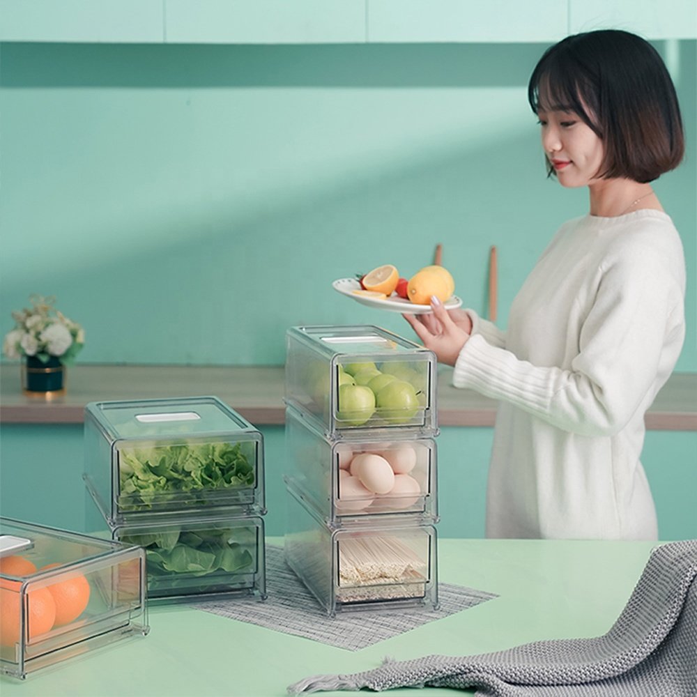 Refrigerator Bins Crisper storage boxes Reusable Food Plastic Fridge Container Stackable Fridge Organizer With Drawers Lid