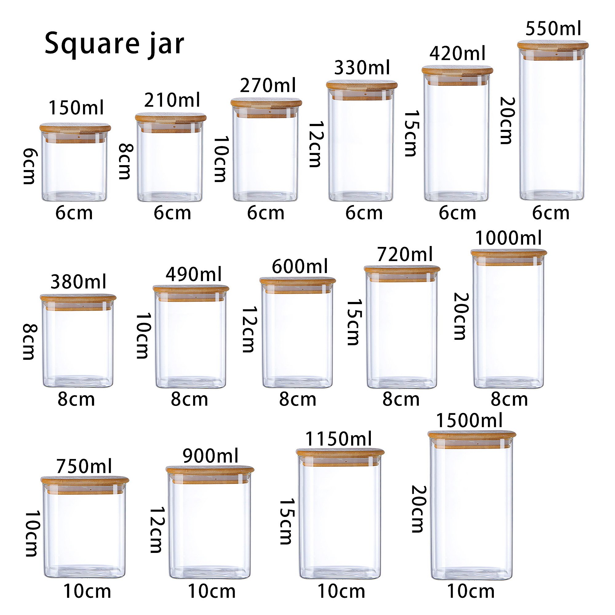 300ml 50ml 2000ml 1000ml 500ml 750ml glass containers for food storage