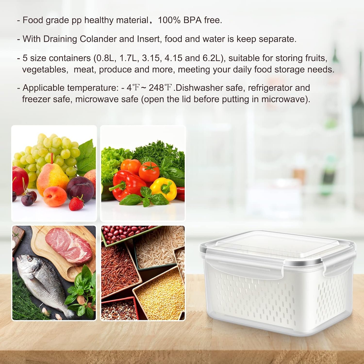 Food Fruit Storage Containers for Fridge Produce Saver Organizers with Drain Baskets Fridge Storage Box Bin with Airtight Lid