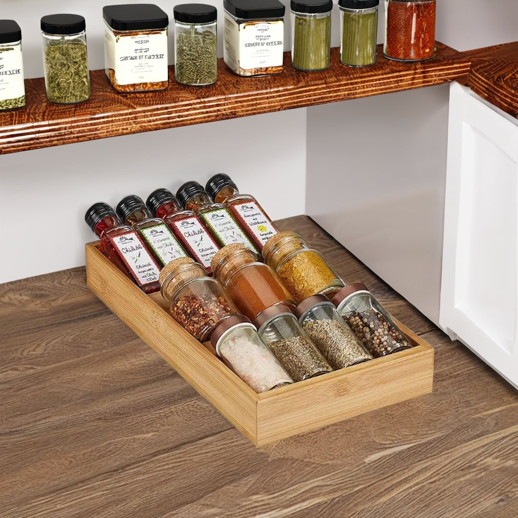 3-Tier Natural Wood Countertop Kitchen Organizer Iron Spice Drawer Rack Bamboo Jars Seasoning Herb Storage Shallow Seasoning