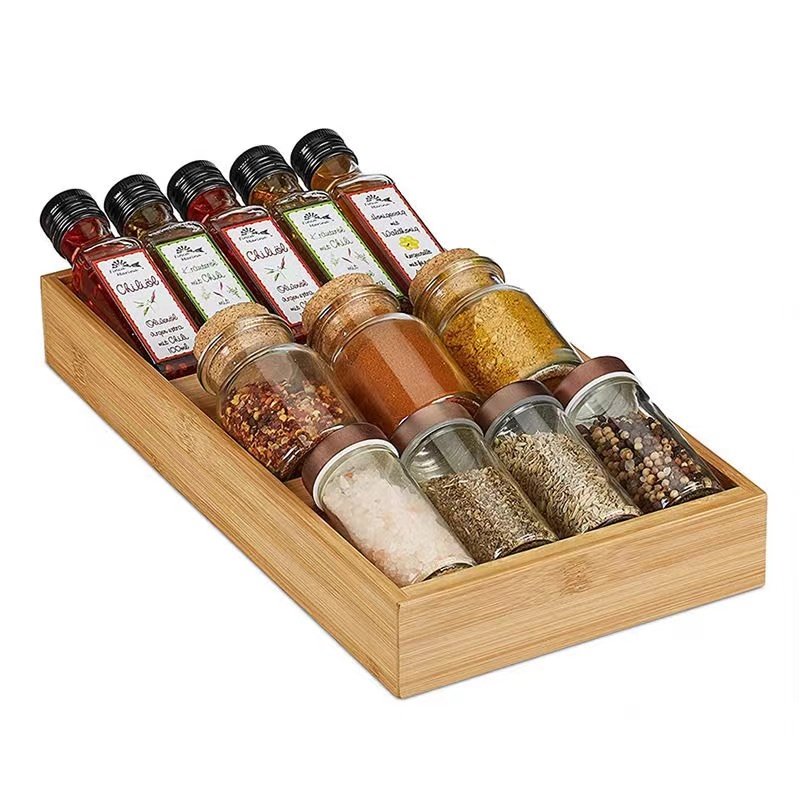 3-Tier Natural Wood Countertop Kitchen Organizer Iron Spice Drawer Rack Bamboo Jars Seasoning Herb Storage Shallow Seasoning