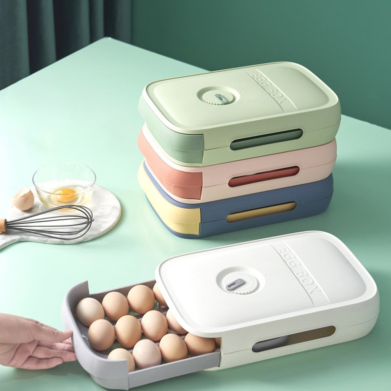 DS1813 Egg Holder Storage Container with Date Reminder Kitchen Plastic Egg Holder for Refrigerator Drawer Type Egg Storage Box