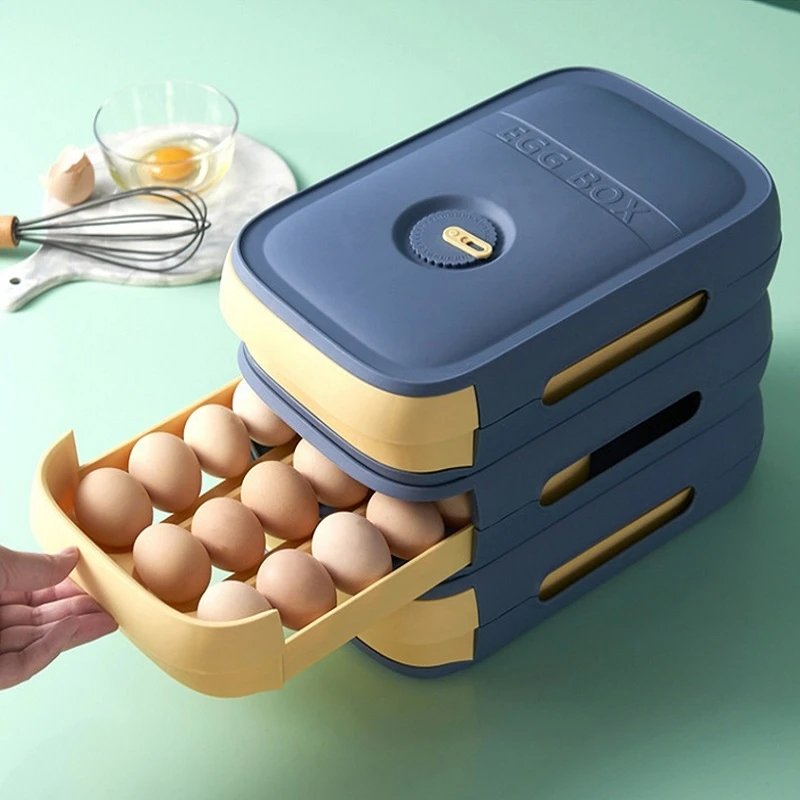 DS1813 Egg Holder Storage Container with Date Reminder Kitchen Plastic Egg Holder for Refrigerator Drawer Type Egg Storage Box