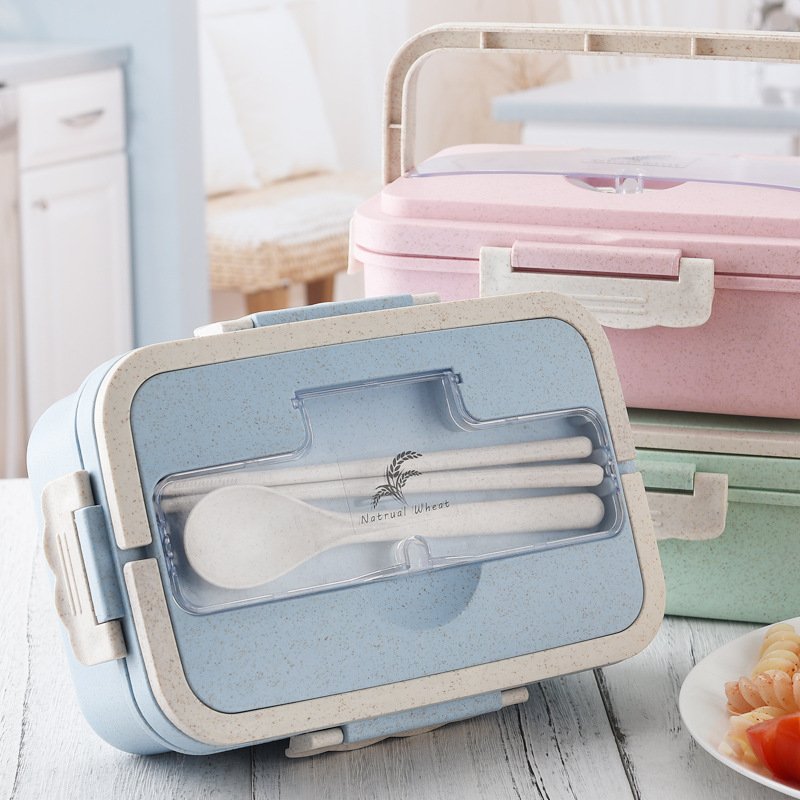 GEMEI Eco-Friendly Portable Bento Box Dishwasher Safe Plastic Wheat Straw Lunch Box with free fork spoon cutlery