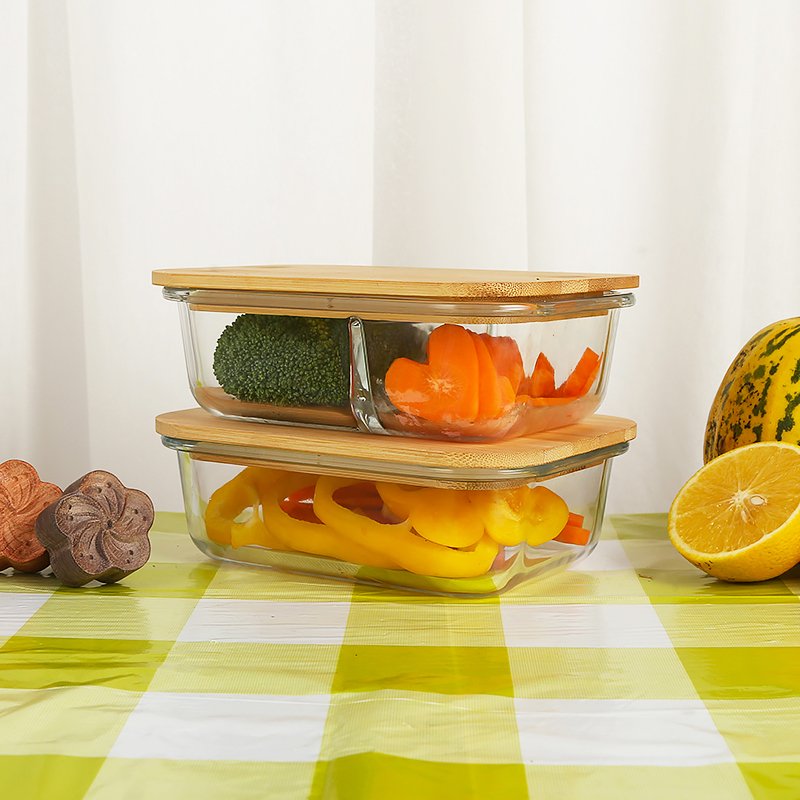 Meal Prep Bamboo Borosilicate Glass Food Storage Container Lunch Box Vintage Microwave Glass Lunch Box With Bamboo Lids