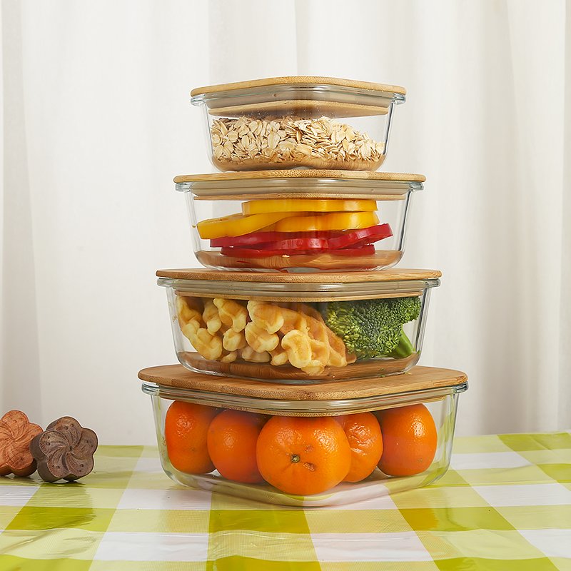 Meal Prep Bamboo Borosilicate Glass Food Storage Container Lunch Box Vintage Microwave Glass Lunch Box With Bamboo Lids