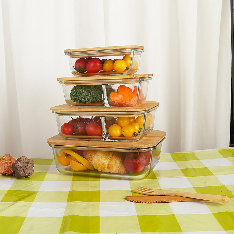 Meal Prep Bamboo Borosilicate Glass Food Storage Container Lunch Box Vintage Microwave Glass Lunch Box With Bamboo Lids