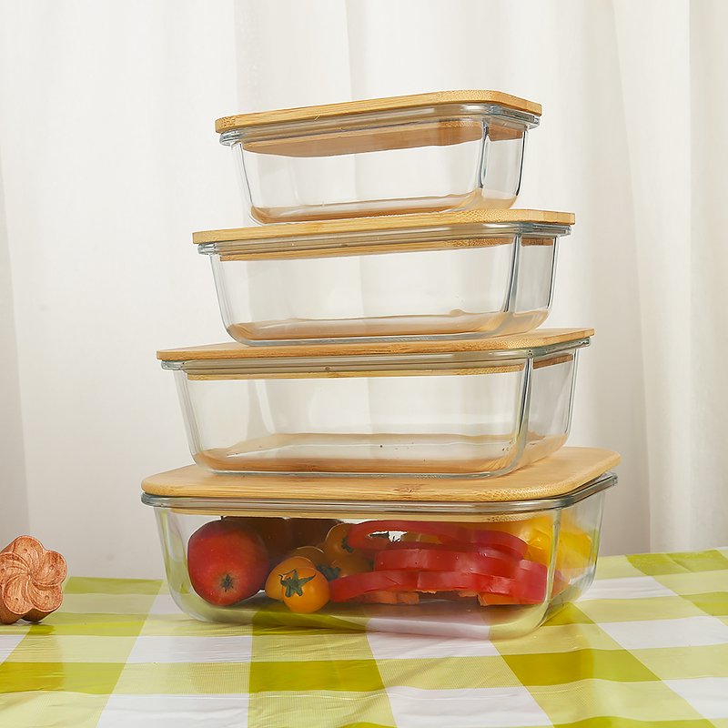 Meal Prep Bamboo Borosilicate Glass Food Storage Container Lunch Box Vintage Microwave Glass Lunch Box With Bamboo Lids