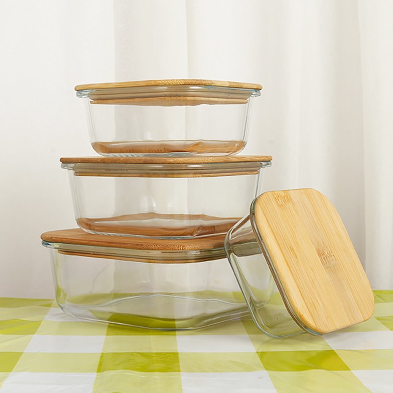 Meal Prep Bamboo Borosilicate Glass Food Storage Container Lunch Box Vintage Microwave Glass Lunch Box With Bamboo Lids