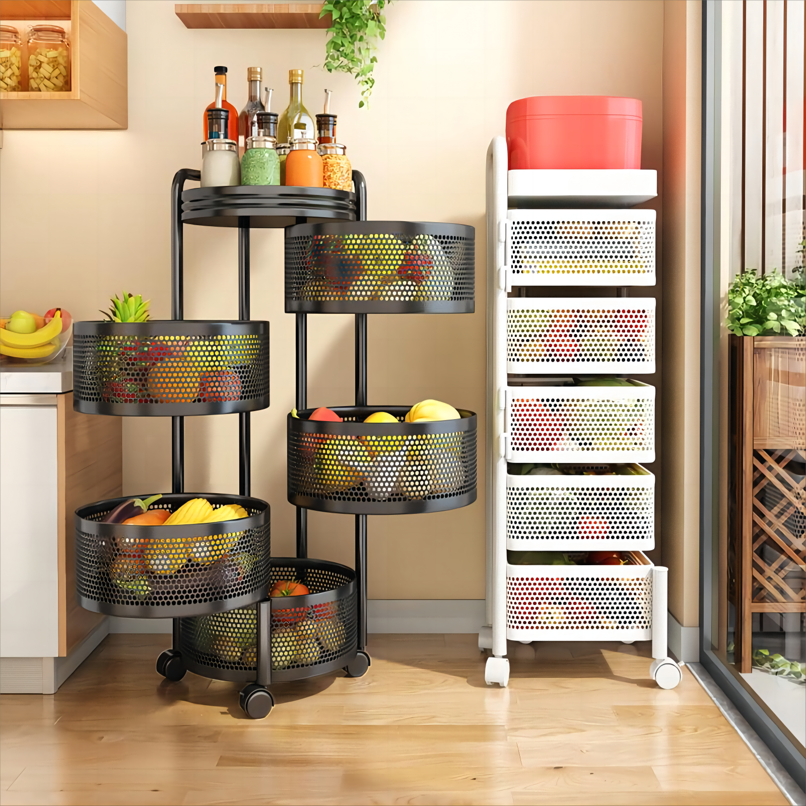 Detachable Circle Basket Multilayer Rotatable Metal Trolley With Wheels Livingroom Container Kitchen Food Storage Rack